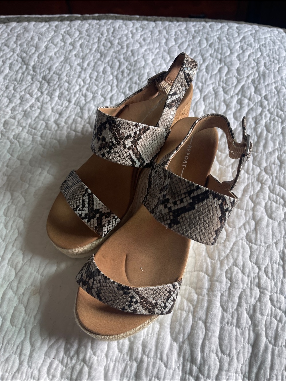 Report Women's Snake Print Wedge Sandals in Neutral Tan and Black